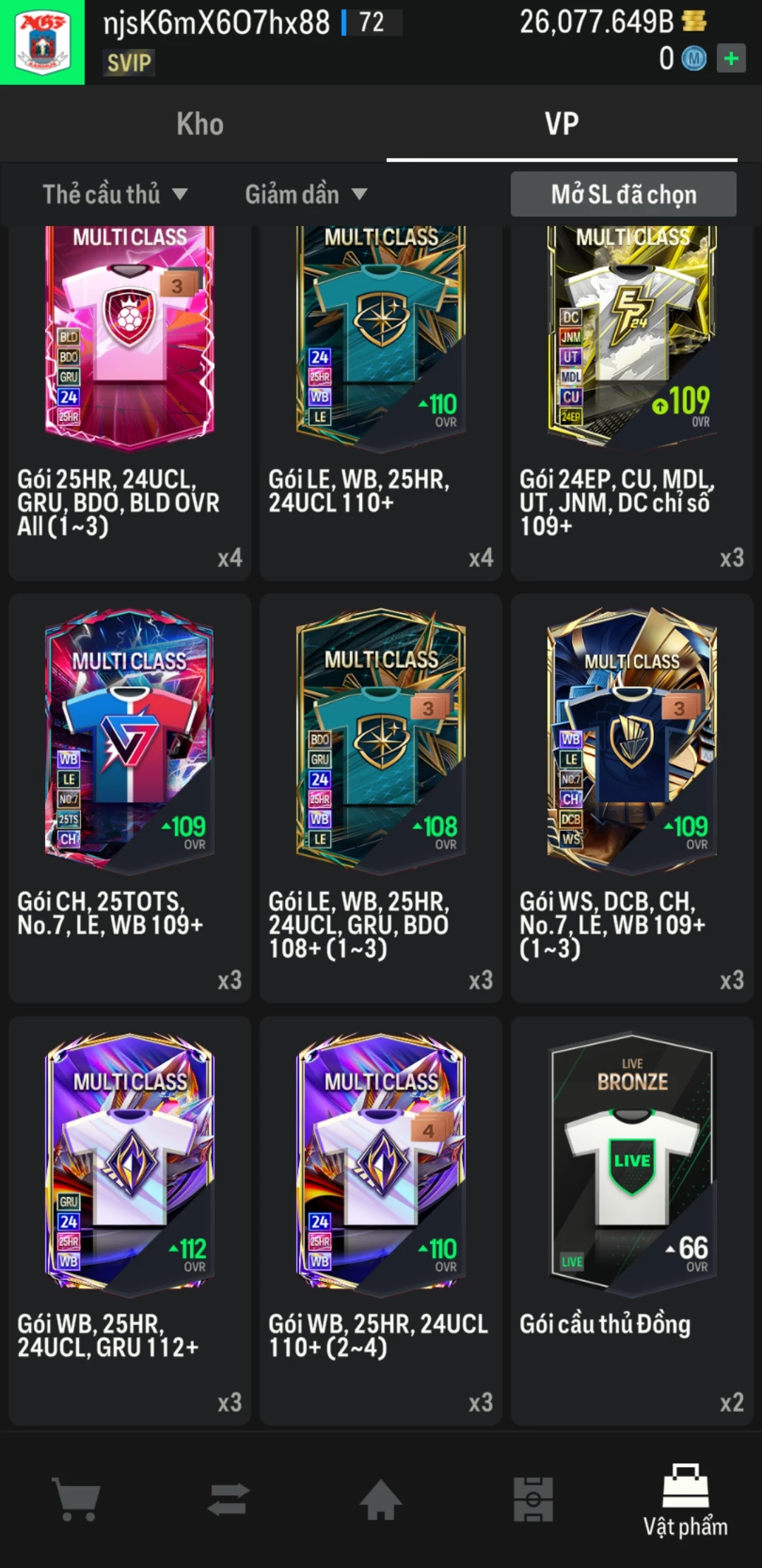 Ảnh ACC mở thẻ (LOẠI SVIP) bao gồm 1 gói thẻ +12 và 500+ đến 600+ thẻ cầu thủ từ Siêu sao đến Miền núi các loại. Có sẵn BP trắng trong acc từ 18.000 tỷ BP đến 26.000 tỷ BP, kèm theo nhiều ngày SVIP